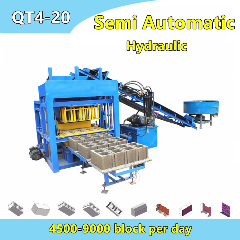 QT4-20 manual operate hydraulic semi automatic concrete hollow block machine for cement paver curb stone